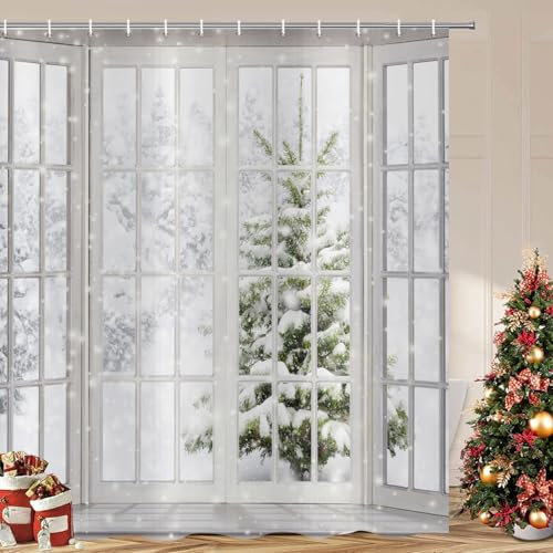 ASDCXZ Weihnachten Duschvorhang 90x180 cm, 3D Glitter Fensteransicht Schneeszene Weihnachtsbaum Waschbar Bad Duschvorhänge Polyester Textil Wasserdicht Duschvorhang für Badewanne mit 6 Haken