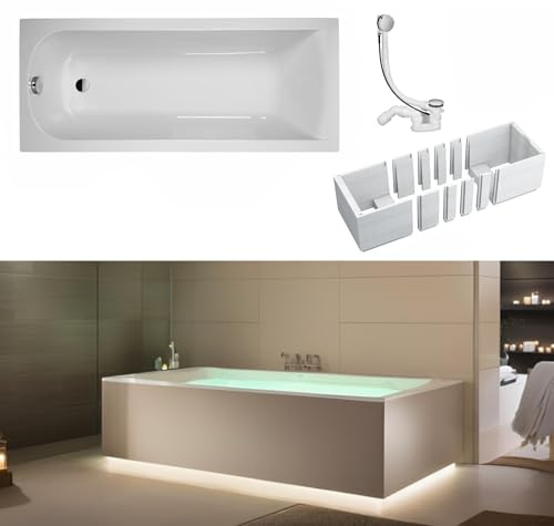 VBChome Badewanne 160 x 70 cm Weiß Acryl Platz für LED-Beleuchtung Styroporträger Wannenträger Siphon Wanne Rechteck Design Modern Ablaufgarnitur in Chrom