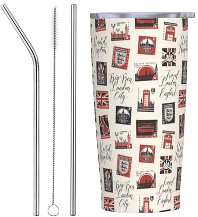 VOSERY Botella de agua de 20 onzas con tapa y popote, con estampado de sellos de Inglaterra, vaso aislado de acero inoxidable, taza de café de viaje, vaso personalizado