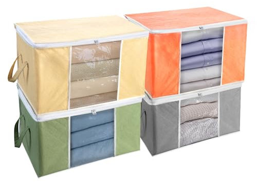 BrilliantJo 4 Stück 90L Aufbewahrungstasche, Aufbewahrungsbox mit Deckel Große, Kleider Aufbewahrung Umzugskartons, Faltbare Unterbett Kleiderschrank für Kleidung Bettdecken und Bettwäsche Regenbogen