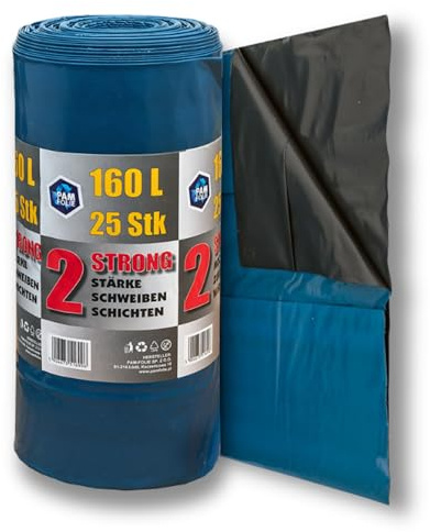 PAM-FOLIE Extra Starke Müllsäcke 160L - 25 Stück - Große, Dicke Abfallsäcke - 85x110cm - Doppelschicht - schwarzer, blauer Müllbeutel - Bauschuttsäcke - Bauschuttsäcke, universal