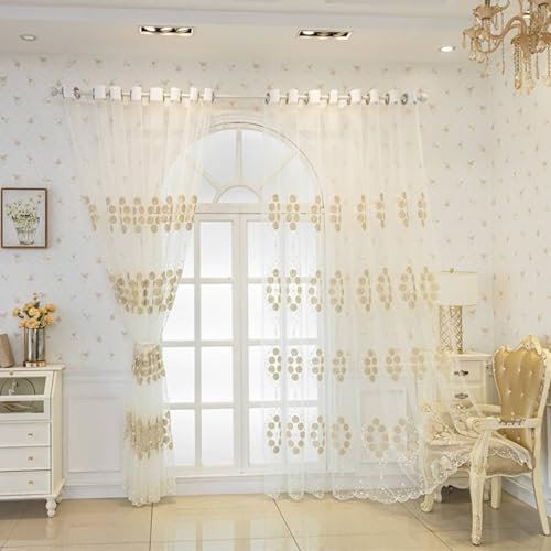 Wycian Outdoor Vorhang Ösenvorhang Creme Beige Voile 2er Pack Halbtransparent mit Blumen- und Rankenmuster H132 x B107 cm (2er Pack) Polyester