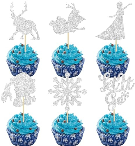 Gyufise Cupcake-Topper mit Schneeflocken-Motiv, Glitzer, Motiv: Schneeflocke, Hirsch, Prinzessin, Cupcake-Dekoration für Winterwunderland, Babyparty, Geburtstag, Weihnachten, Party, Silber, 24 Stück