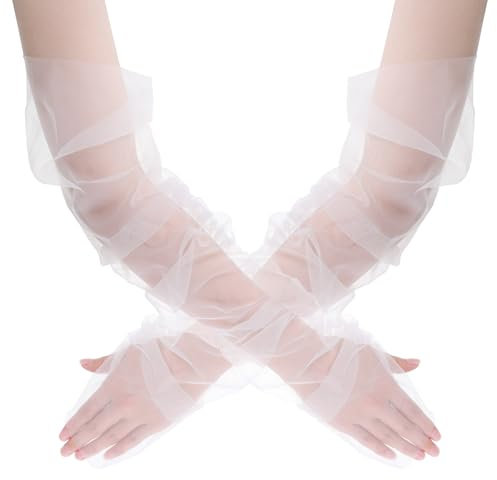 Aphumedc Lange Hochzeit Tüll Handschuhe 1 Paar 53,3 cm Weiß Braut Ellenbogen Länge Sommer Fingerlose Handschuh Opera Hochzeit Kleid Ärmel für Frauen Hochzeit Braut Tanzparty, weiß, 42