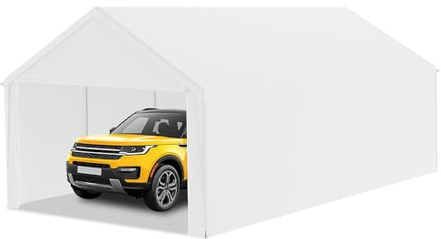LZQ Garagenzelt 4x8 m – Carport Zeltgarage, Lagerzelt & Weidezelt mit PE Plane – Dachverstärkung, abnehmbare Seitenwände, Bodenrahmen – robuster Unterstand für Auto, SUV, LKW (Weiß)