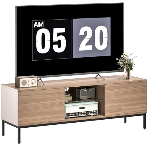 HOMCOM Meuble TV 140 cm pour Téléviseur jusqu'à 60 Pouces 2 Portes Gris | Étagère en Verre Réglable, Banc TV Moderne, pour Salon, Chambre à Coucher