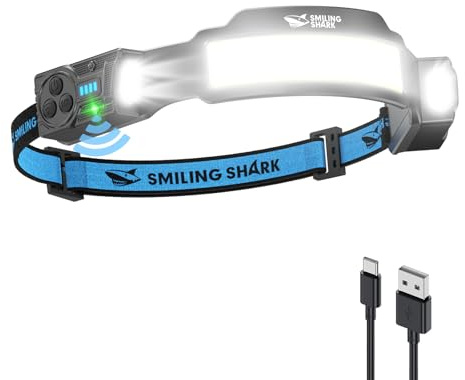 Smiling Shark TS-4 Lampe Frontale, LED Head Lamp Rechargeable 2400mAh 2x Projecteur Orientable & Flood & Strobe Headlamp avec Capteur de Mouvement pour Camping, Jogging, Randonnée, Course (1 PACK)