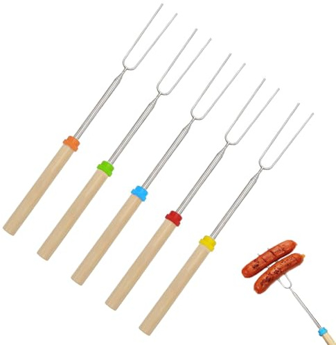 5 Pack Smores Kit, Extendable Stainless Steel Marshmallow Roasting Forks for Campfire, BBQ and Fire Pit, Telescopic Sticks with Wooden Handle for Outdoor Cooking