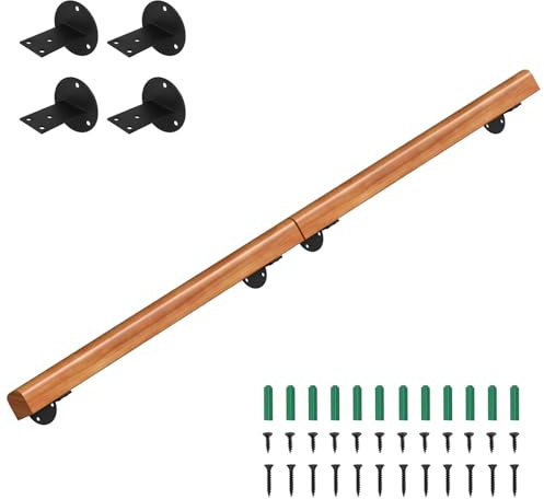 Eikuavons Pasamanos de madera de pino, 180 cm, pasamanos montados en la pared, madera semicircular, pasamanos de madera antideslizante con soportes de pared, material de montaje, nogal claro