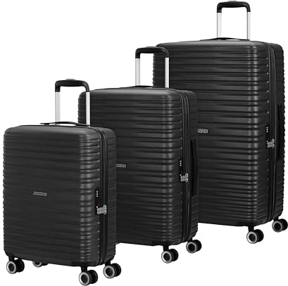 American Tourister Aerotech: Juego de Maletas rígidas de 3 Piezas (Equipaje de Mano, Medianas, Grandes), Ampliable, Juego de Carrito con Cierre de la TSA, Negro (Negro metálico)