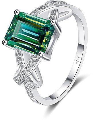 3ct Emerald Cut Moissanite vigselring for kvinnor D Färg VVS1 Vit/Grön/Rosa diamantring Jubileumsförlovningsringar for med certifikat(Green,7)