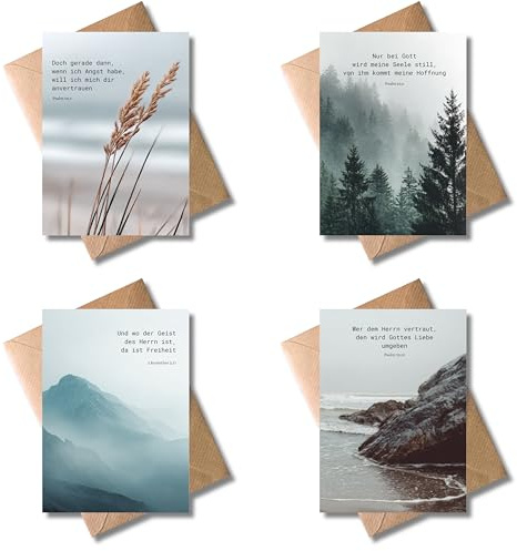 WBdesignz 4er-Set Bibelkarten mit Umschlägen - christliche Beileidskarten für Trost & Hoffnung mit Psalm-Zitaten - Naturmotiv-Karten für Trost, Beileid & innere Stärke - Kondolenzkarten (DIN A6)