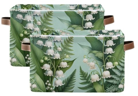 YANENDIE Storage Basket Palm Leaf Lily Floral Storage Bin, Foldable Storage Cube for Shelves Closet Living Room 2PCS