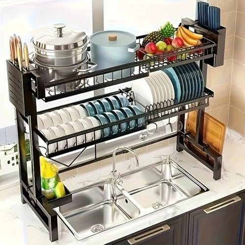 Dish Drainer Rack - Over the Sink Dish Drying Rack with 4 Basket 2-Tier Adjustable (24.4 to 39.3 inch) Kitchen Dish Rack with Sponge Holder, Utensil Holder, Cutting Board Rack, Knife Holder (Black)