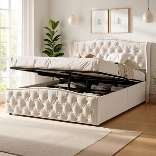 Xnferty Bettgestell mit Stauraum 160x200cm, Polsterbett Doppelbett mit Lattenrost, Hydraulisch Stauraumbett, Gepolstert mit Kopfteil, Jugendbett Funktionsbett, Samt, Ohne Matratze, Beige