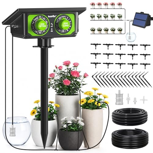RAINPOINT Kit D'arrosage Goutte à Goutte Solaire, nouveau tuyau pour une distribution d'eau uniforme, kit d'irrigation automatique pour balcons avec 90 modes de minuterie + tuyau de 15 m, anti-siphon