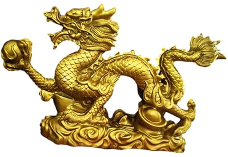 Treasures Fengshui Estatua Dragón Escultura 2024 año Chino Decoración Figura Coleccionable Dragón Chino para Chimenea, Oro