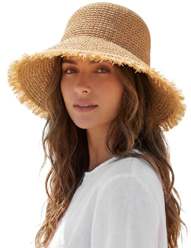 BelleVive sombreros de playa para mujeres, sombreros de paja para mujeres, sombrero solar plegable para mujeres con correa para el mentón, sombrero enrollable con ala ancha, protección UV 50+ para