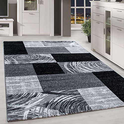 HomebyHome Teppich Wohnzimmer 120x170 cm Schwarz Modern Abstraktes Kariert Design Kurzflor Schlafzimmer Esszimmer Küche Jugendzimmer Waschbar Pflegeleicht Extra Weich