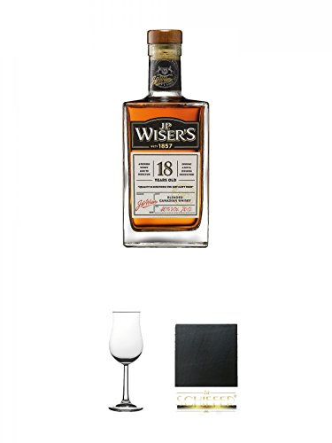 JP Wiser's - 18 - Jahre 40% 0,7 Liter + Whisky Nosing Gläser Kelchglas Bugatti mit Eichstrich 2cl und 4cl 1 Stück + Schiefer Glasuntersetzer eckig ca. 9,5 cm Durchmesser