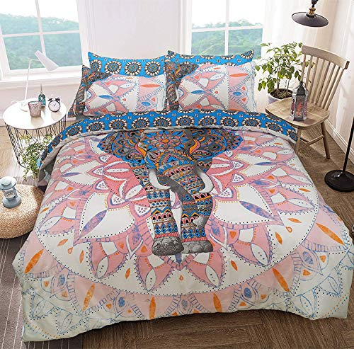 Sleepdown - Set di biancheria da letto con copripiumino e federe, motivo: elefante mandala, colore: rosa/blu, reversibile, facile da lavare, anallergico, morbido e liscio, king size