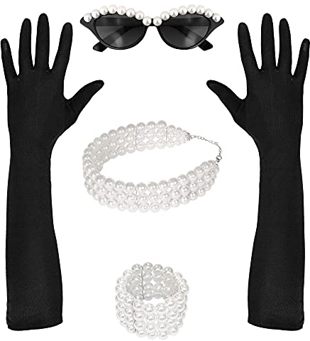 W WIDMANN MILANO Party Fashion - 50er Jahre Accessoire Set | 4-teilig mit Brille, Handschuhen, Halskette und Armband, für Rockabilly-Kostüme, Karneval und Mottopartys