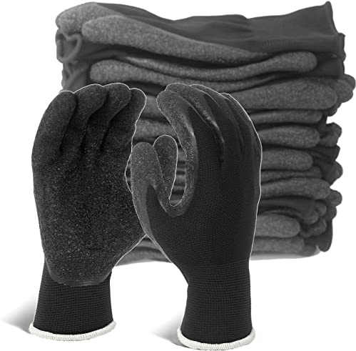 Evridwear Crinkle Latex Rubber Hand Coated Safety Work Gloves for Men Women General Multi Use Construction Warehouse Gardening Assembly Landscaping,Black Large 12 Pairs Pack