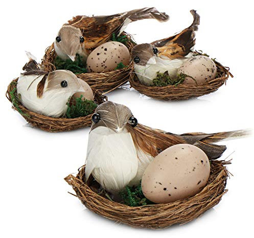 com-four® 4X Panier de pâques avec Moineau Oiseau et Oeuf - décoration de pâques - Mini nid d'oiseau avec Moineau (4 pièces - nid avec Oiseau + œuf)