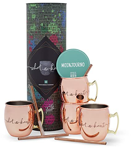 Whatakant - Moscow Mule Becher Set | 4er Flying Dutchman in Kupfer | 550 ml nachhaltige Kupferbecher, gerade Kupferstrohhalme in Geschenkverpackung | wiederverwendbares plastikfreies Bar Cocktail Set