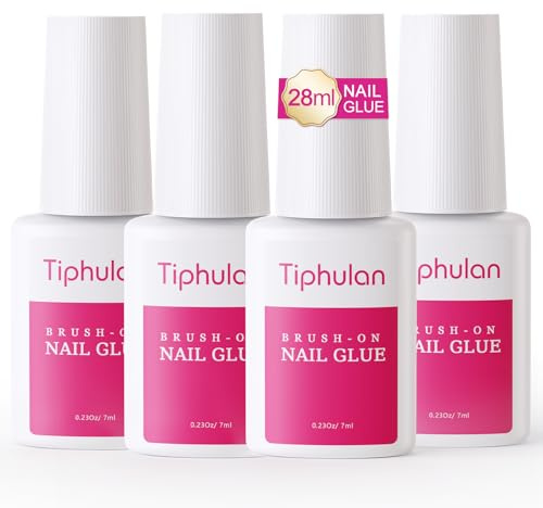 TIPHULAN Brush on Nail Glue for Press on Nails - Nail Glue for Acrylic Nails, Quick & Strong False Nails Tip Glue, 4pcs Adhesive Super Nail Bond, Nail Glue Bulk for Nail Tips 7ML/0.23OZ