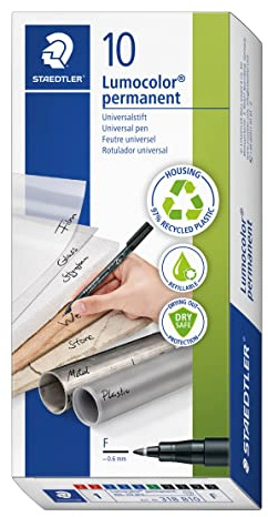 STAEDTLER permanent Universalstift Lumocolor, nachfüllbar, wisch- und wasserfest, sekundenschnell trocken, DRY SAFE, F-Spitze Linienbreite ca. 0.6 mm, hohe Qualität, Set mit 10 Markern, 318 B10