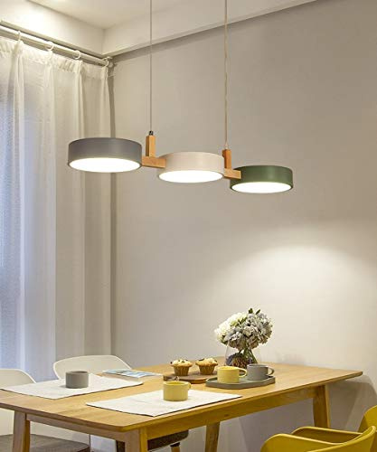 Kronleuchter Pendelleuchte Holz LED Warmweiss Licht Esszimmer Lampe Rechteck Rund Macaron Metall Design Hängelampe Modern Verstellbar für Studie Küchen insel Bar Büro Esstisch Deko beleuchtung, L72cm