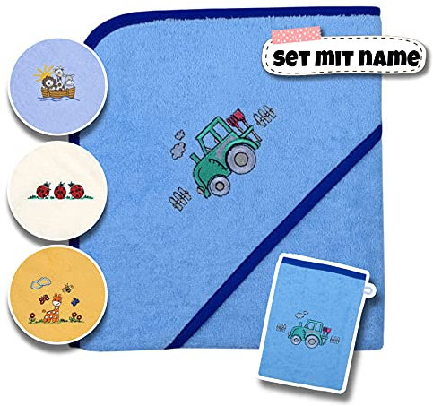 Baby Kapuzenhandtuch Set mit Waschlappen | Baby Handtuch 80 x 80 cm Kapuzenbadetuch | personalisiert mit Name | Baby Badetuch Bestickt mit Namen | Jungen Mädchen (Blauer Traktor)