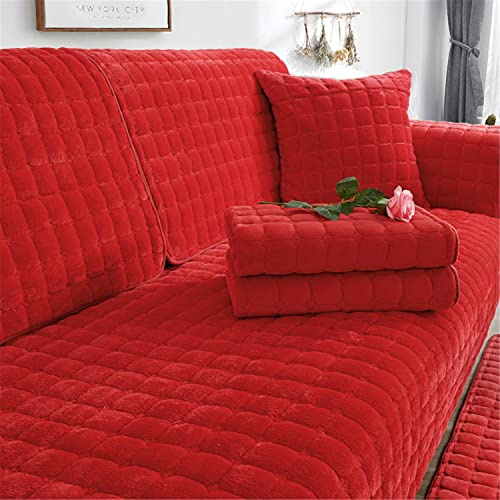 SYLC Sofa überzug Dicker Plüsch Schonbezug Sofabezug Gesteppte Sofa Sitzkissen Couchbezüge rutschfeste Sofaschoner Vor Haustieren Winter (Rot,70 × 70 cm)