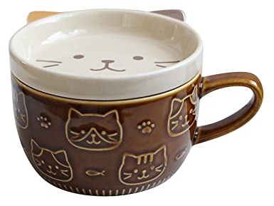 Tasse Keramiktasse Mit Deckel, Cartoon-Katze Kaffeetassen Frühstück Haferflocken Kaffeebecher Coffee Cup, Spülmaschinengeeignete Bruchsicher Für Kaffee Tee Wasser Milch, 400ML (Braun)
