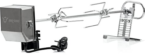 BBQ-Toro Edelstahl Grillspieß Set | 70 cm | Spiess Set inkl. Edelstahl Motor, 220V - 240V, inkl. 2 Stück Fleischklammern | Rotisserie, Drehspiess aus Metall verchromt, elektrischer Drehspiess