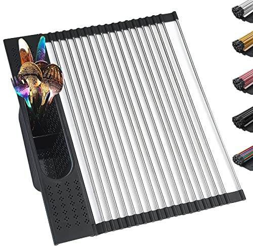 Berglander Escurridor de Platos sobre el Fregadero, 17.5 Pulgadas de Largo x 15 Pulgadas de Ancho, Estante Enrollable de Acero Inoxidable con Cesta de Almacenamiento extraíble, Fregadero