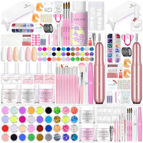 Saviland Acrylic Nail Kit with Drill: Nail Kit Acrylic Set for Nails Extension with Powder And Liquid Set Nail Brush Practice Finger U V Light DIY Salon Home Gift