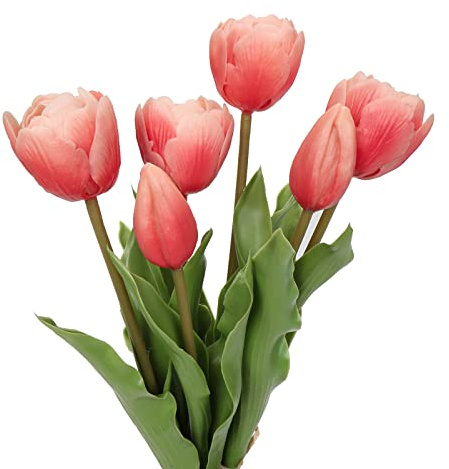 4 Tulipanes y 2 Capullos de Tulipanes Artificiales de Tacto Real, Tulipanes de Látex Artificial, Ramos de Flores, Arreglos de Mesa, Regalo Para el Hogar, Oficina, Fiesta, Boda, Color Albaricoque