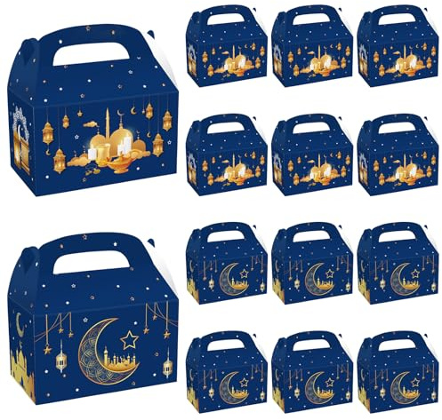 Eid Mubarak Geschenkboxen, 12 Stück Ramadan Geschenkschachteln, Geschenkboxen mit Griff, Eid Mubarak Geschenktüten zum Befüllen Geschenkverpackung für Kinder, für Eid al-Fitr Geschenk Verpackung (C)