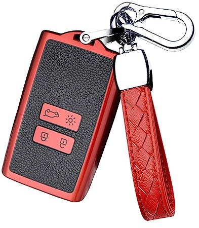 HIBEYO Smart Autoschlüssel Hülle passt für Renault Schlüsselhülle Schutzhülle für Renault Koleos Kadjar Captur Zoe Scenic Laguna Megane TPU Leder Texture Fernbedienung Schlüsselbund zubehör-Rot