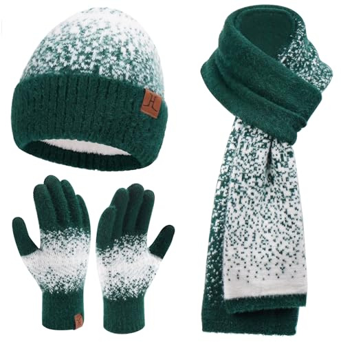 Bequemer Laden Mütze Damen Winter Schal Handschuhe Set | Damen Warm Beanie Wintermütze Strickmütze Touchscreen Winterhandschuhe Strickhandschuhe und Lang Schal Set Geschenke Frauen