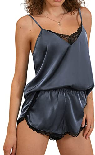 Ekouaer Pigiama Donna Due Pezzi Corto in Raso con Canotta Grigio Scuro S