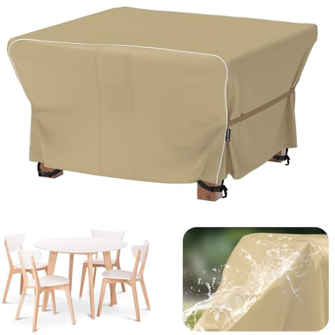 Velway Funda para Muebles de Jardín Impermeable: 125x125x74cm Cuadrada Cubierta de Mesa de Jardín Tela Oxford 600D con Tiras Reflectantes Anti UV Funda Protectora Exterior para Mesa Y Sillas - Caqui