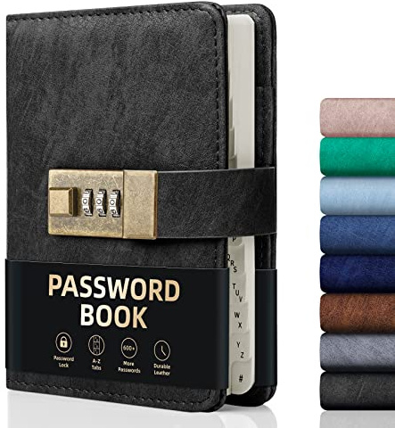 WEMATE Passwortbuch mit Schloss, Passwortbuch mit alphabetischen Registern, 600+ Passwortplatz, Logbuch mit Schloss, Schwarz