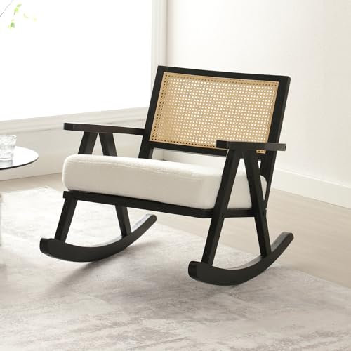 chairus Gepolsterter Schaukelstuhl für Wohnzimmer Kunstfell Relaxsessel mit Rückenlehne aus Rattan Schaukelsessel mit Massivholzbeinen für Schlafzimmer (Schwarz)