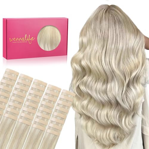 WENNALIFE Tape Extensions Echthaar, 40pcs 100g 45cm 18 Zoll Aschblond Highlights Platinblond Haarverlängerung Echthaar Extensions Tape Invisible Tape in Extensions Echthaar Seidig Hair Extensions