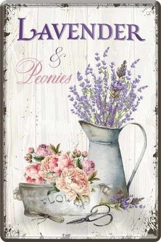 WOGEKA ART Retro Blechschild - Lavender & Peonies - witziger Spruch als Geschenk-Idee zum Geburtstag Weihnachten zur Dekoration 20x30 cm Vintage-Design aus Metall 299