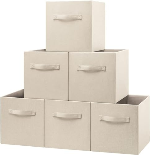 BinWhiz 6 Stück Aufbewahrungsbox aus Stoff, Zusammenklappbare Aufbewahrungswürfel, Organizer mit Griffen für Regale, Schrank, Kleiderschrank, Bücherregal, Heimdekoration, 28 x 28 x 28 cm (Beige)