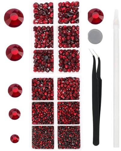 YHMQ DU 6616 Stück Rote Hotfix-Strasssteine SS6-SS30 Kristallglas | Perfekt für Kleidung, Schuhe, Taschen, Becher und Bastelideen. Inklusive Pinzette und Picking-Stift für präzises Arbeiten